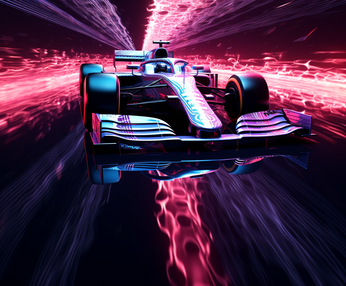 Formula 1 car racing at night with neon lights