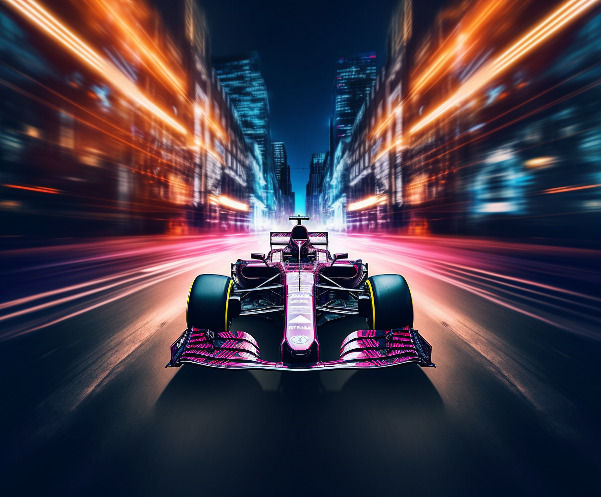 Formula 1 car speeding through neon-lit street at night