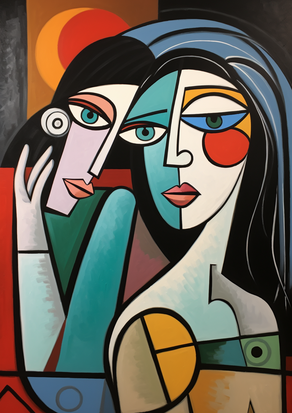 Two people on a couch facing forward in Picasso style