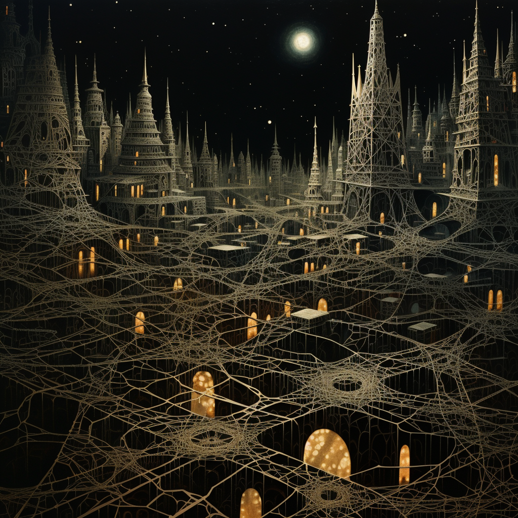 A fossilized spiderweb city in the dark