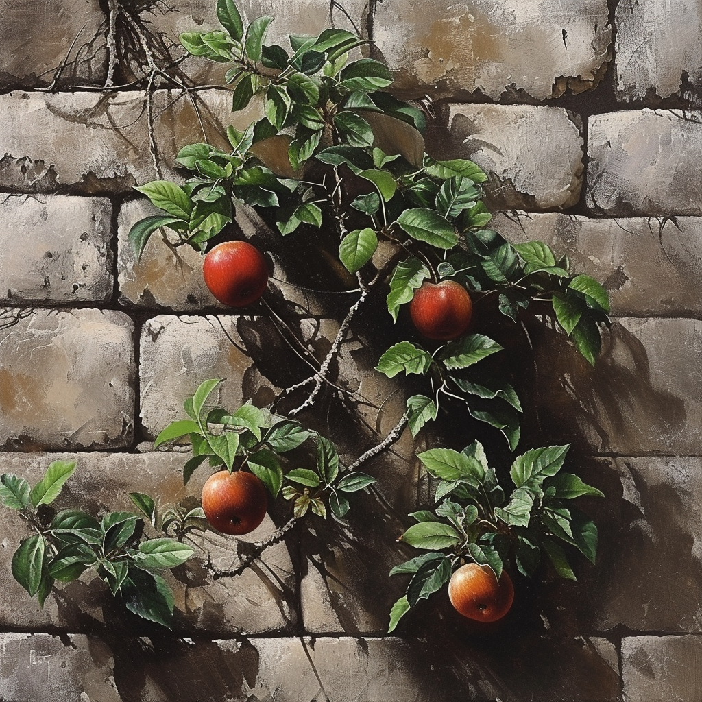 Four apples on castle wall