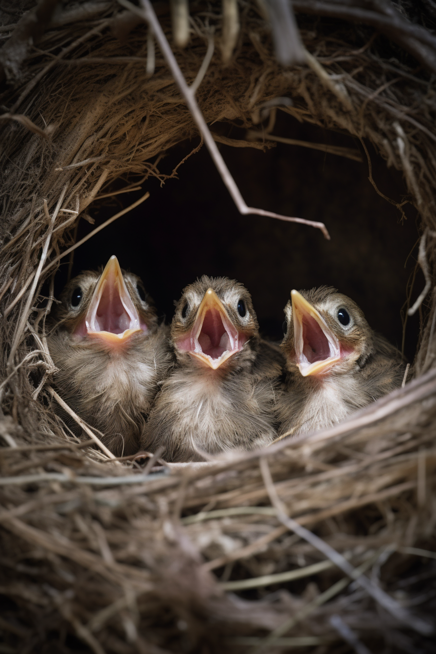 Four birds chirping in a nest