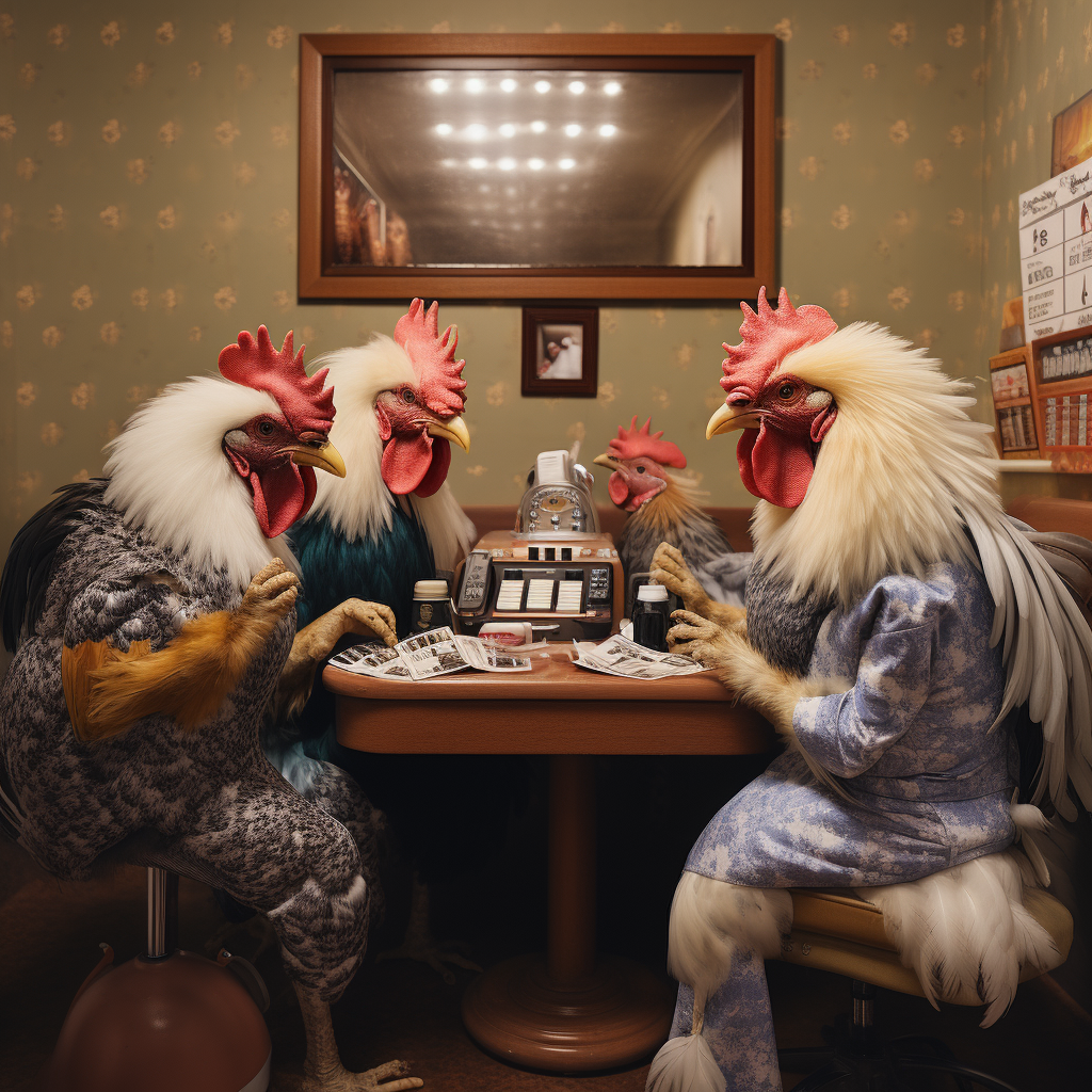 Four chickens arguing in nail salon