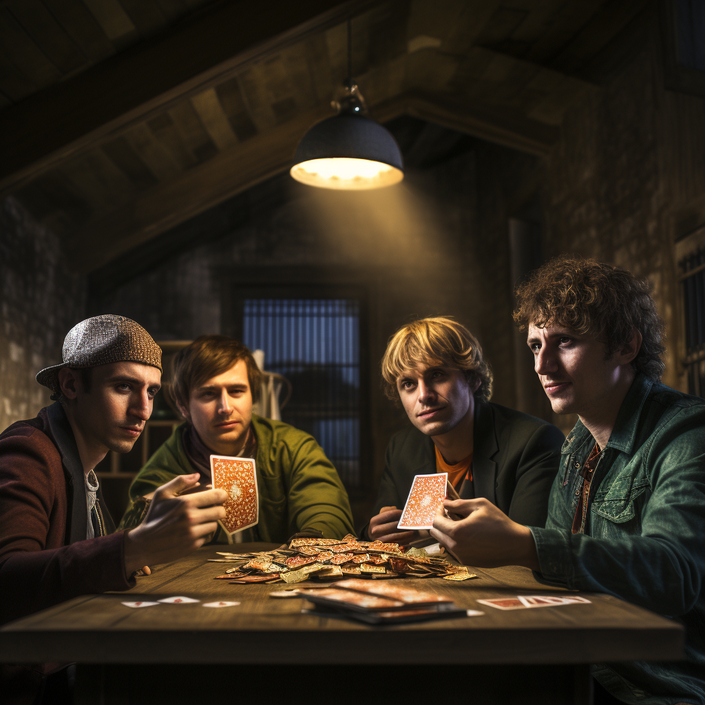 Caucasian college males playing poker using cheese as currency