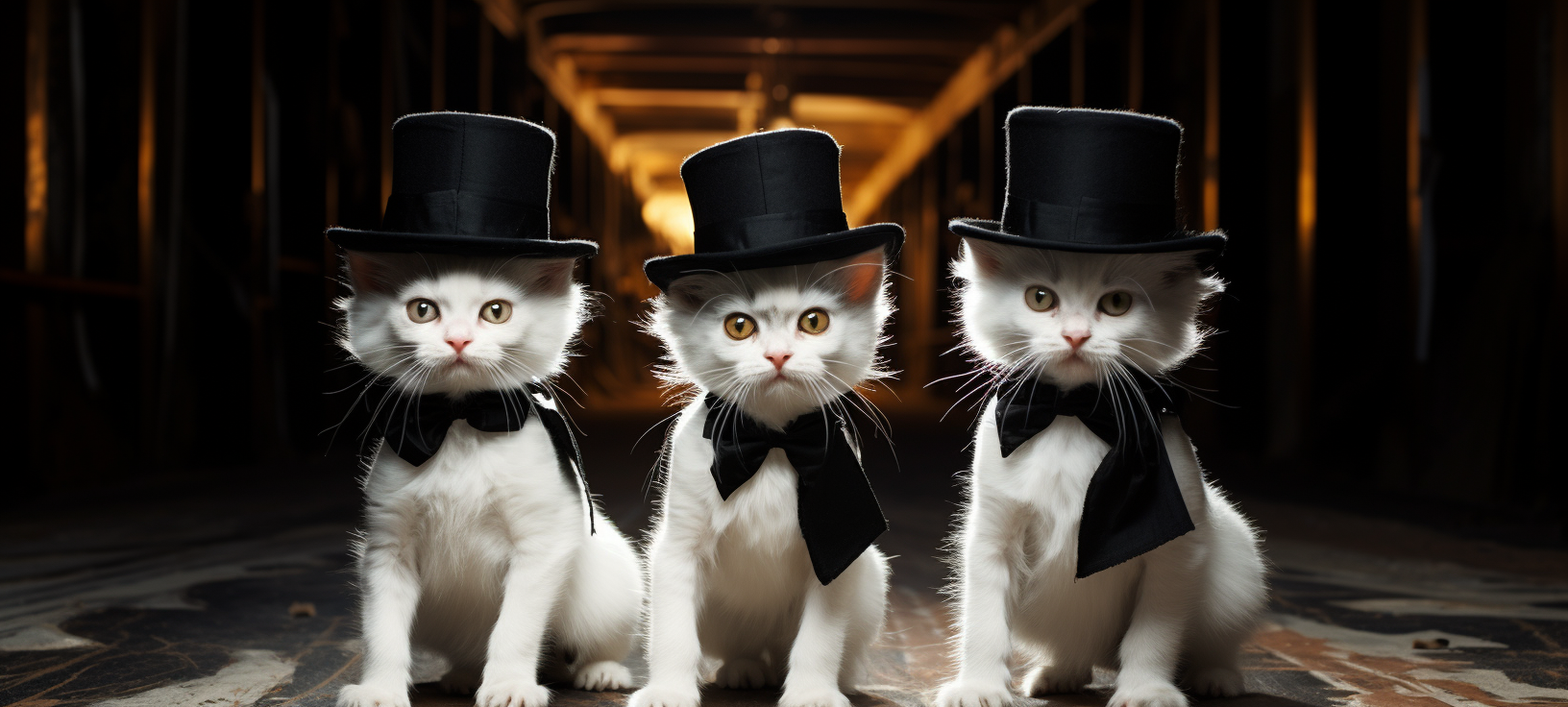 Four kittens in tunnel wearing jumpsuits and top hats