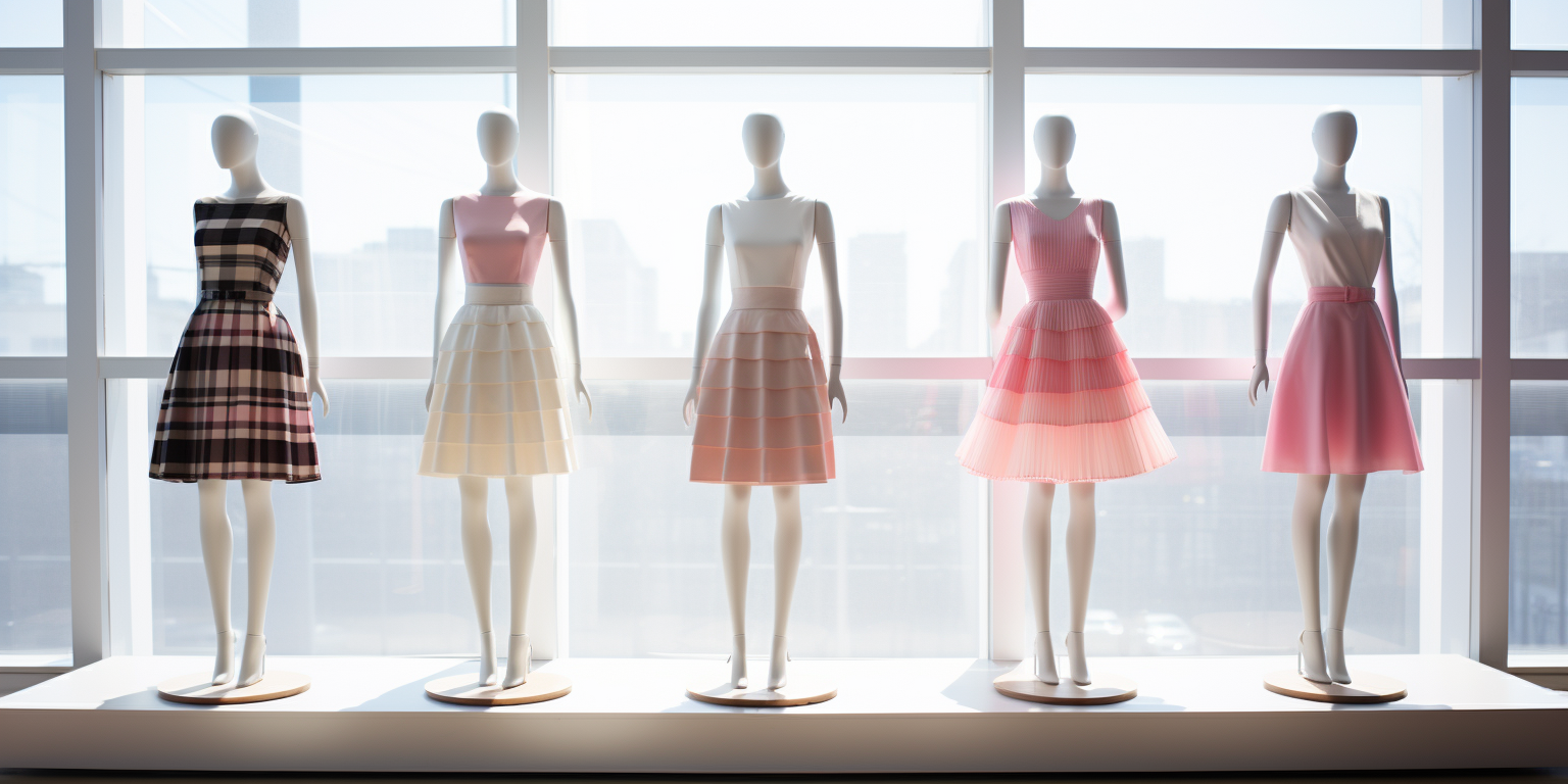 Four mannequins wearing different skirt patterns