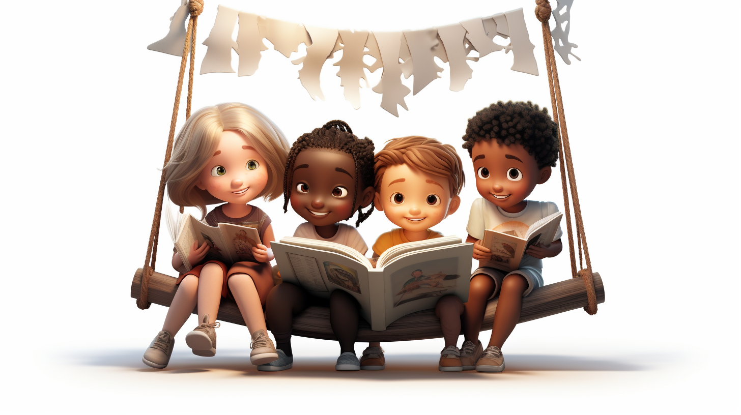 Four kids reading on a swing