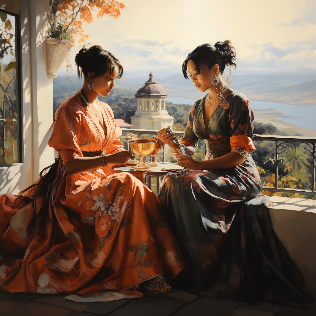 Four women enjoying tea on a balcony with Bahamas view