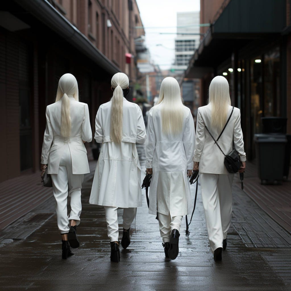 Four women walking in the street, looking sad