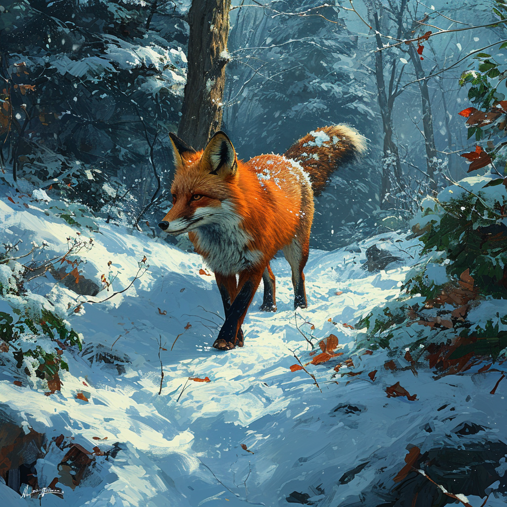 Fox walking through winter forest