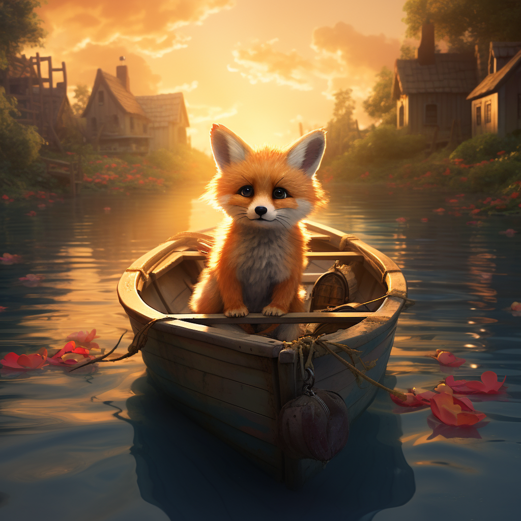 Cute foxes pulling boat