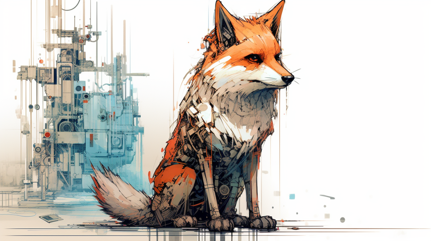 Captivating fox sketch in Ghibli Cyberpunk style  (max 6 words)