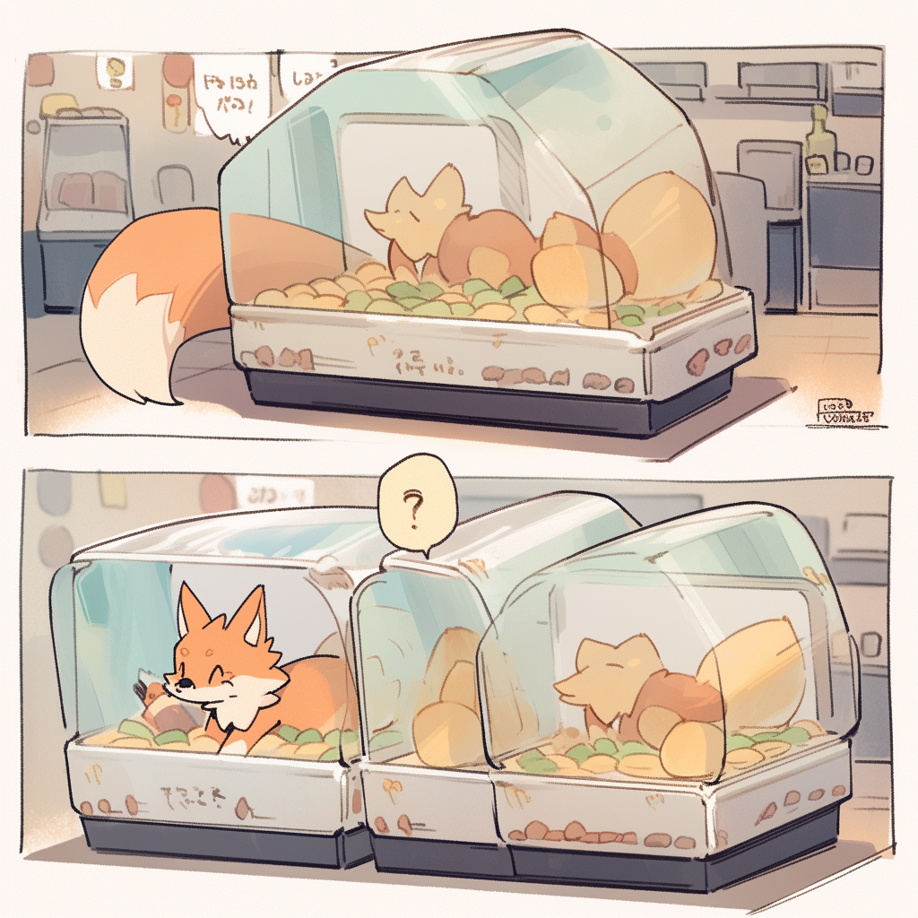 Illustration of a Fox Inside a Box Selling Things