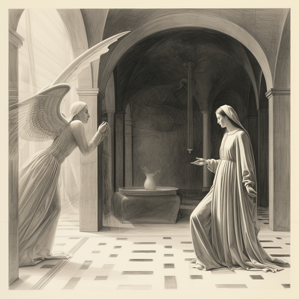 Black and white sketch of Fra Angelico's Annunciation