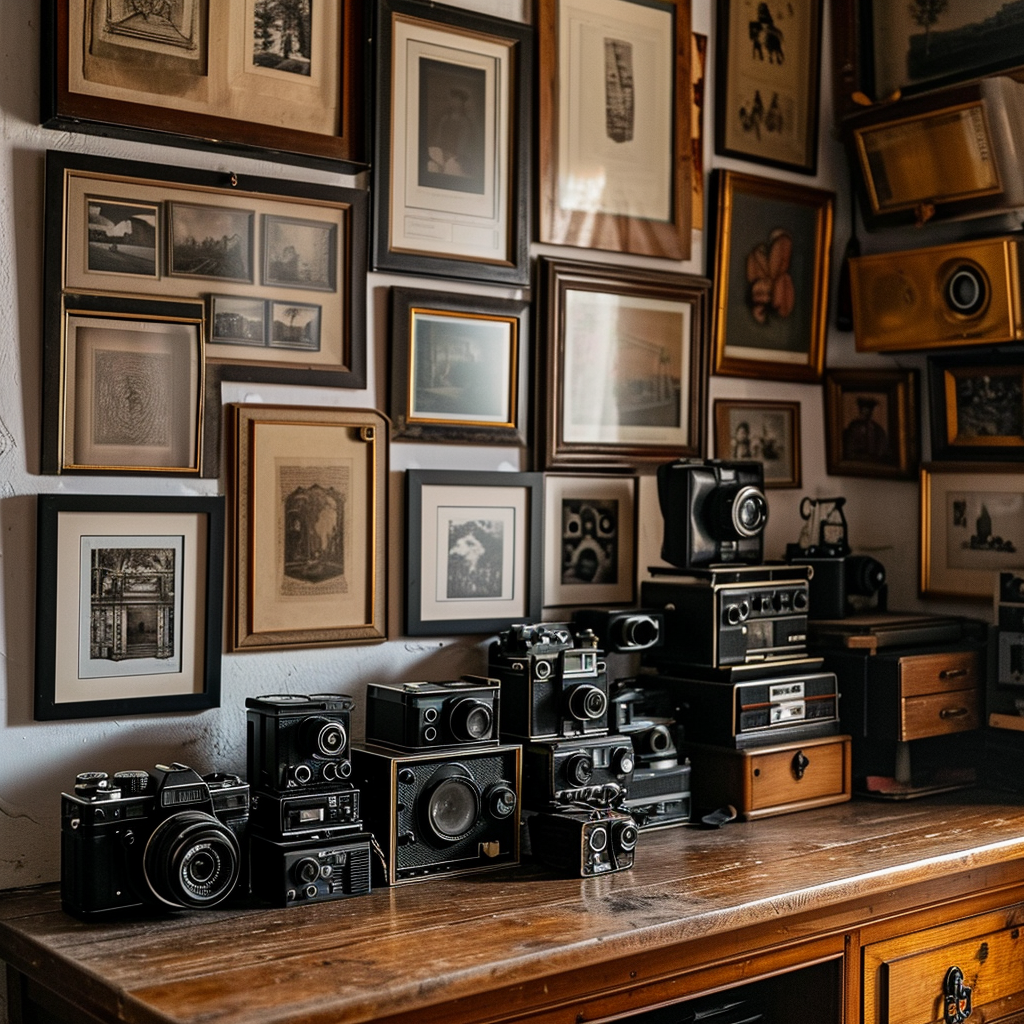 Collection of framed artwork on a wooden desk with cameras and film rolls