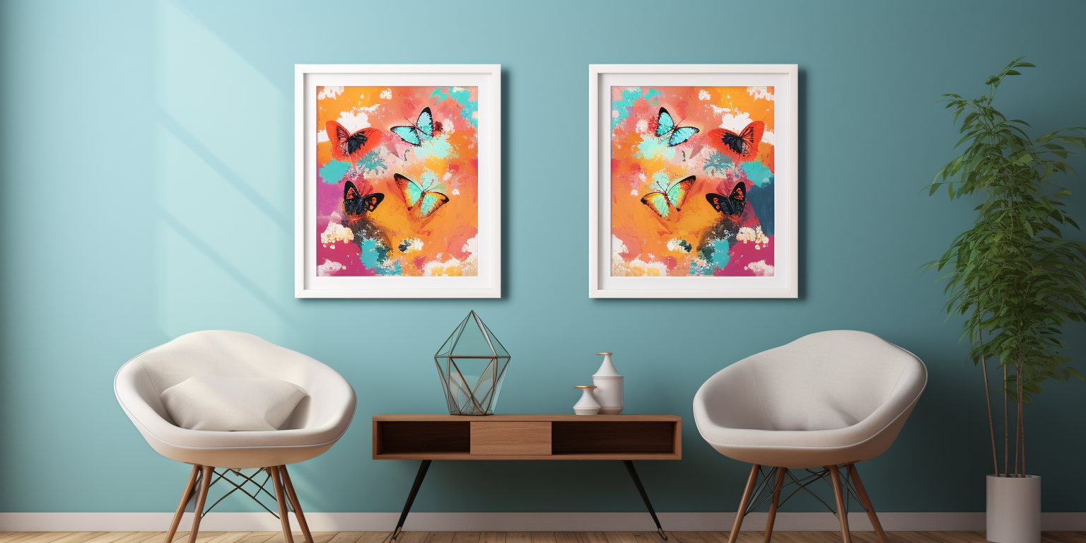 Two framed square paintings on wall