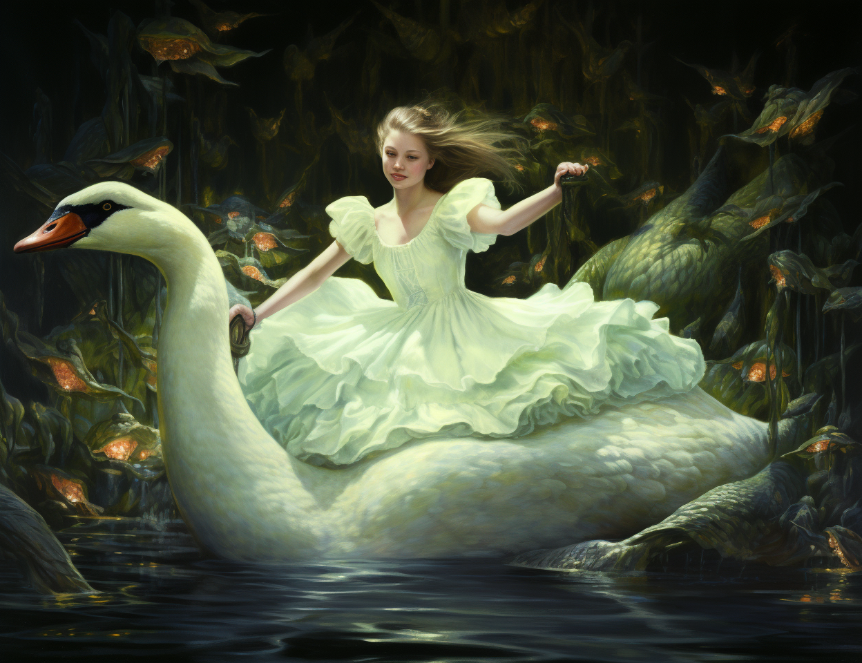 Art of girl riding swan