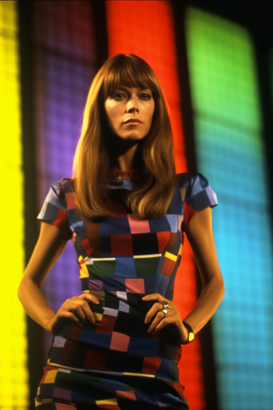 Francoise Hardy wearing colorful 80s dress