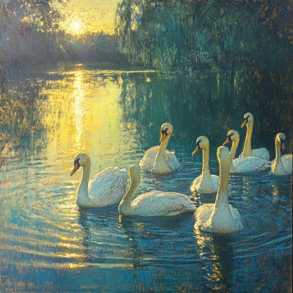 Impressionist scene with swan lake