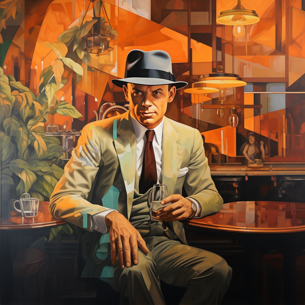 Art deco painting of Frank Sinatra smoking at a bar