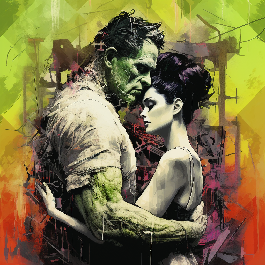 Romantic Frankenstein and Bride Embracing in Chaos