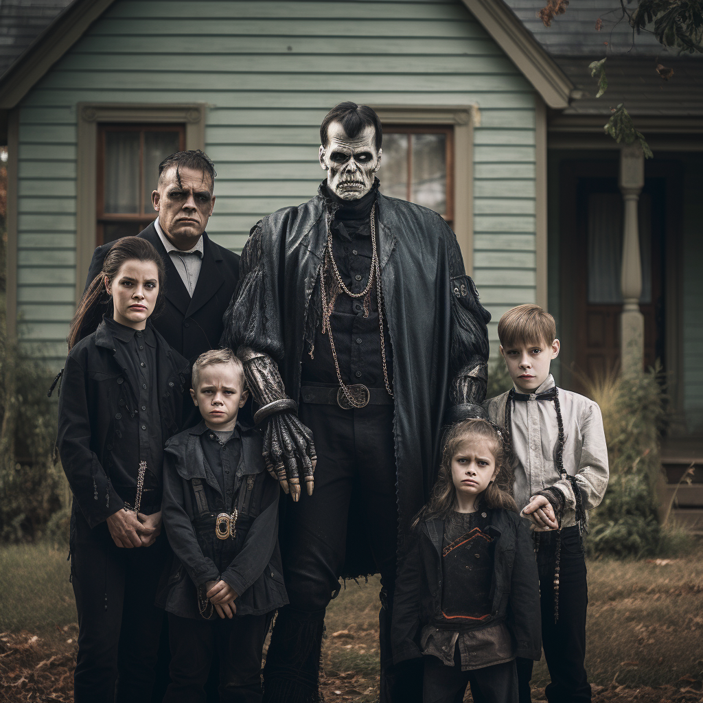 Frankenstein family posing in front of their house