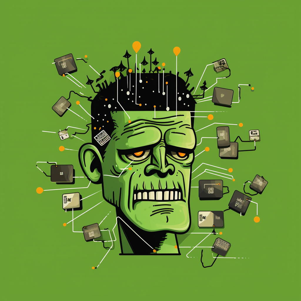 Frankenstein monster with spoof bank logos and credit cards