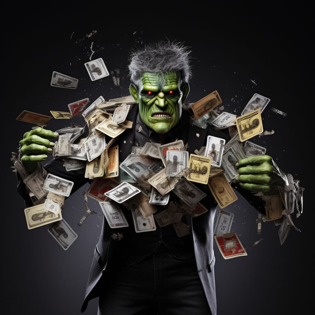 Frankenstein creature holding multiple credit cards