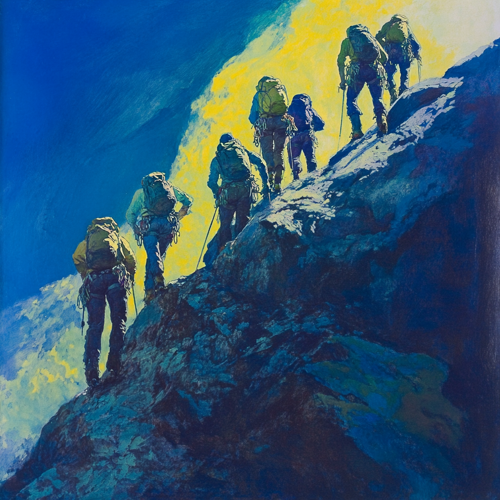 Impressionist oil painting alpinists climbing quarry