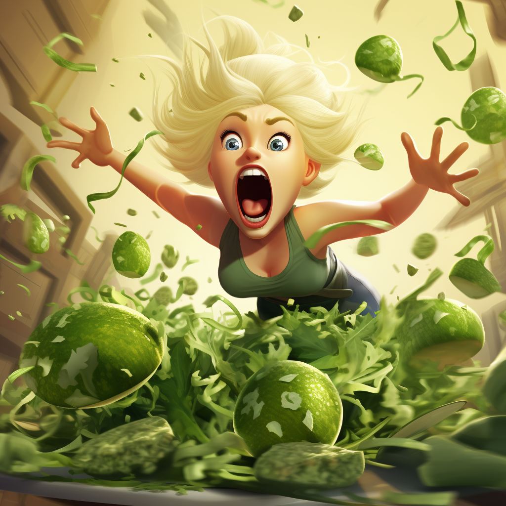 Woman eating green salad with anthropomorphic fruit