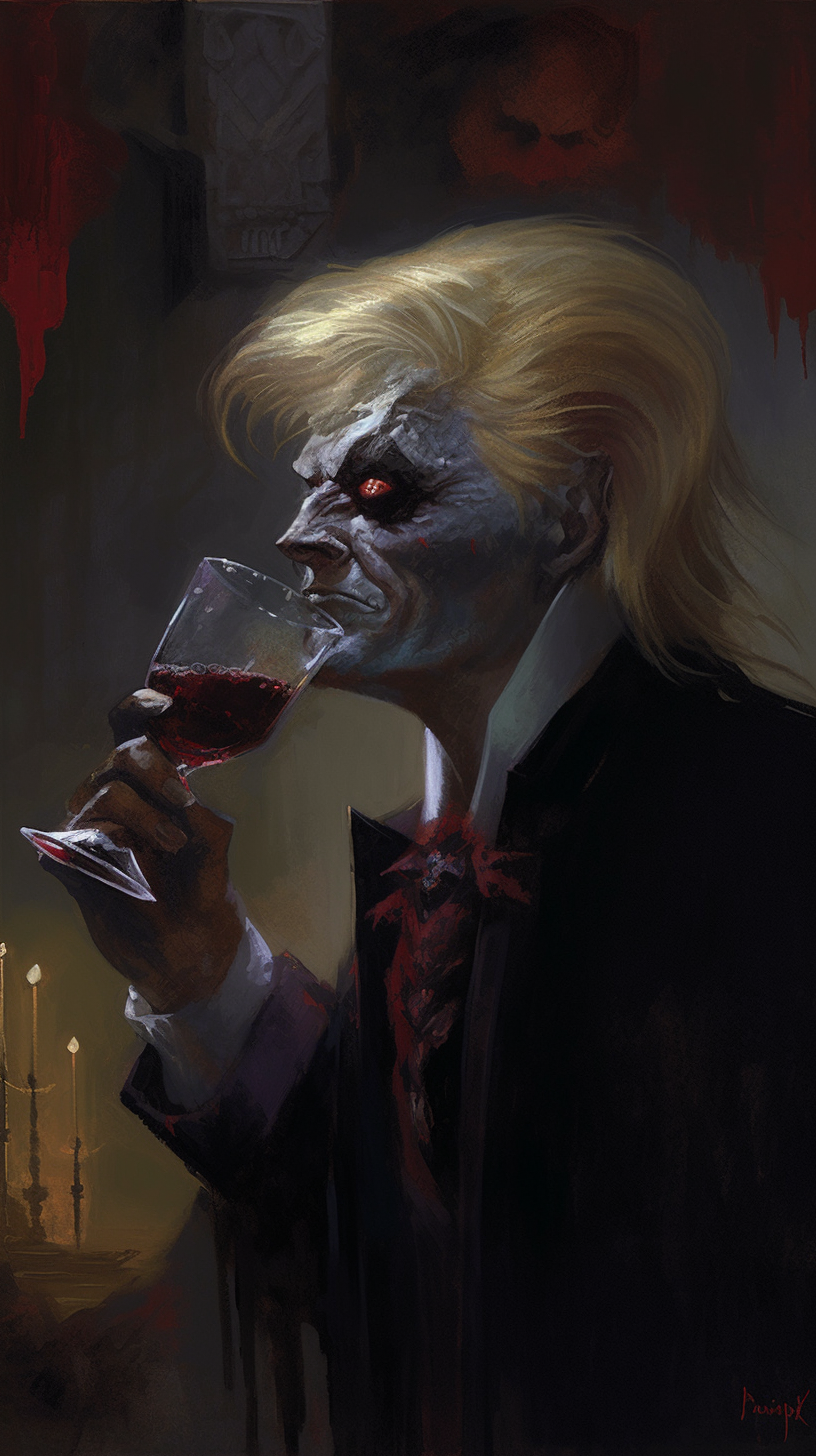 Donald Trump as Vampire drinking red wine