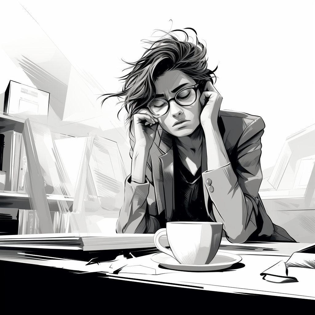 Black and white line drawing of frazzled office worker