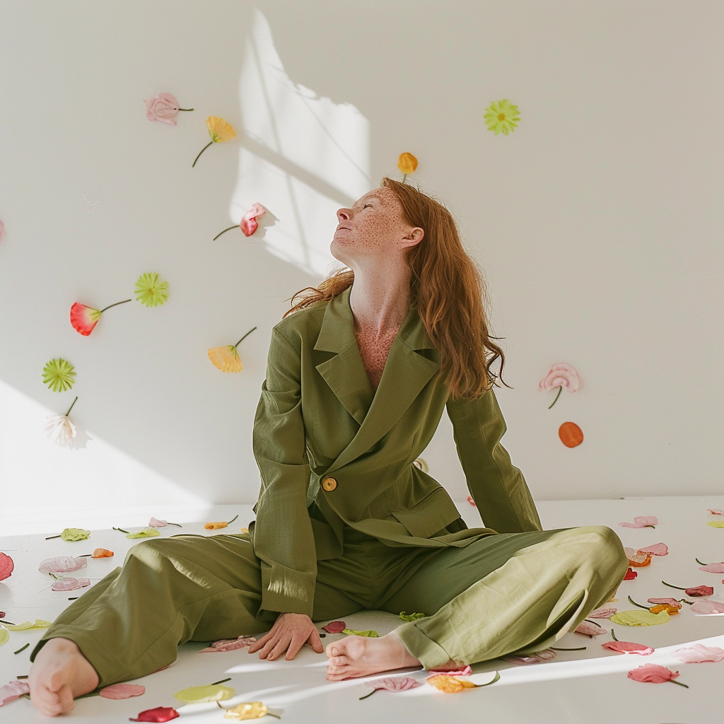 Freckled woman in green pants suit