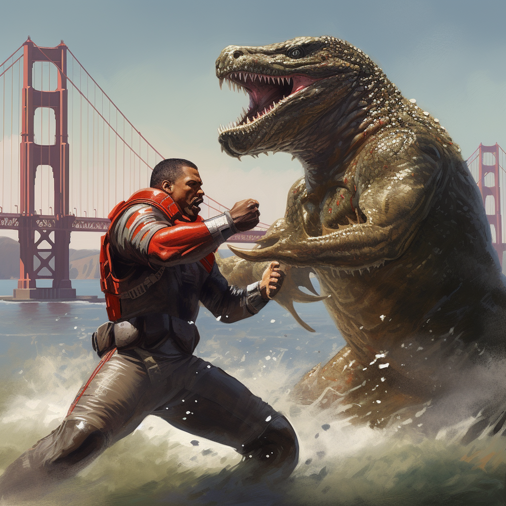 Fred Warner battling Godzilla in SF Bay