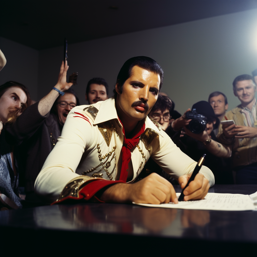 Freddie Mercury signing declaration of independence