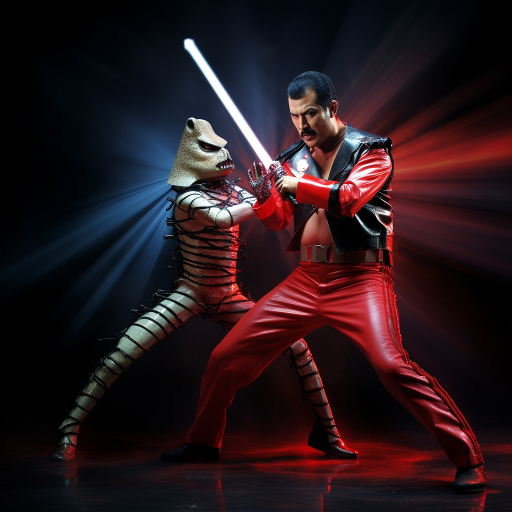 Freddie Mercury and Freddy Krueger engaging in lightsaber duel