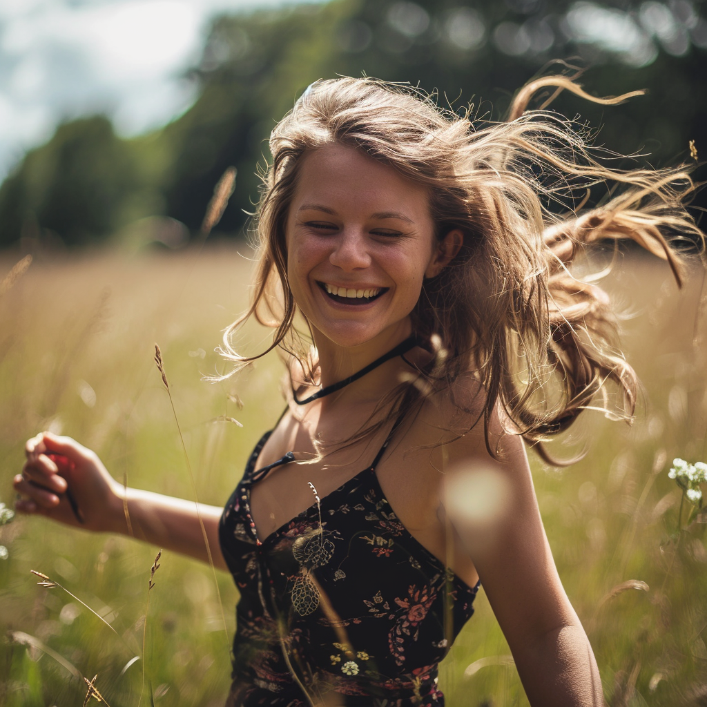 Joyful person dancing in a field