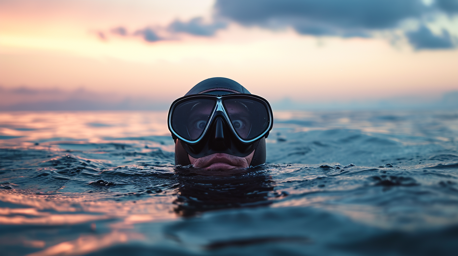 Free diver inhaling at water surface