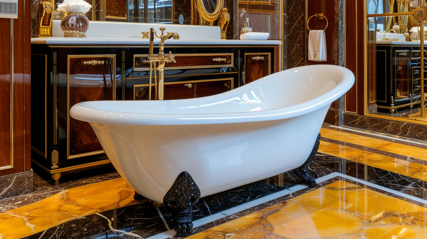 Freestanding soaking tub on marble vanity