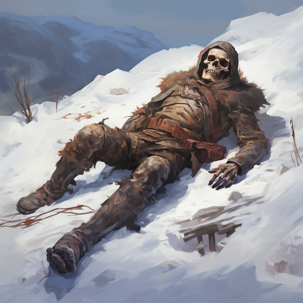 Brave adventurer lying motionless in snow