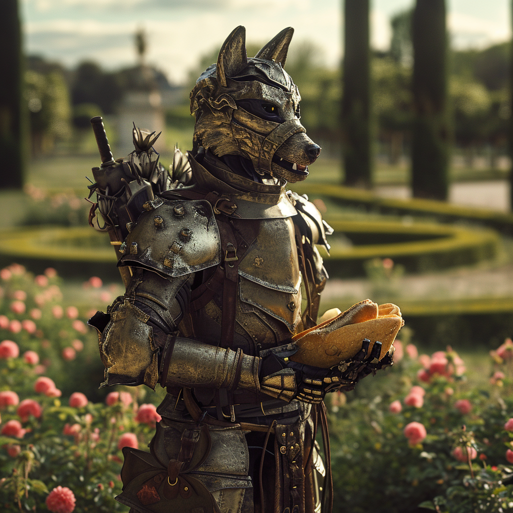 French Android Ninja Wolf with Baguettes in Garden