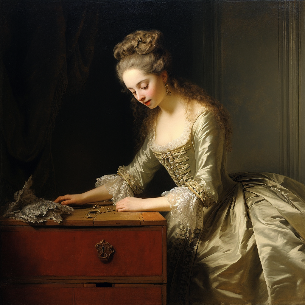 Beautiful rococo art depicts woman placing a box