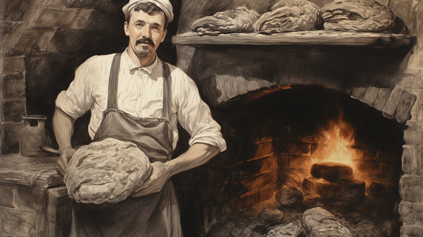 Vintage drawing of a traditional French baker with stone oven