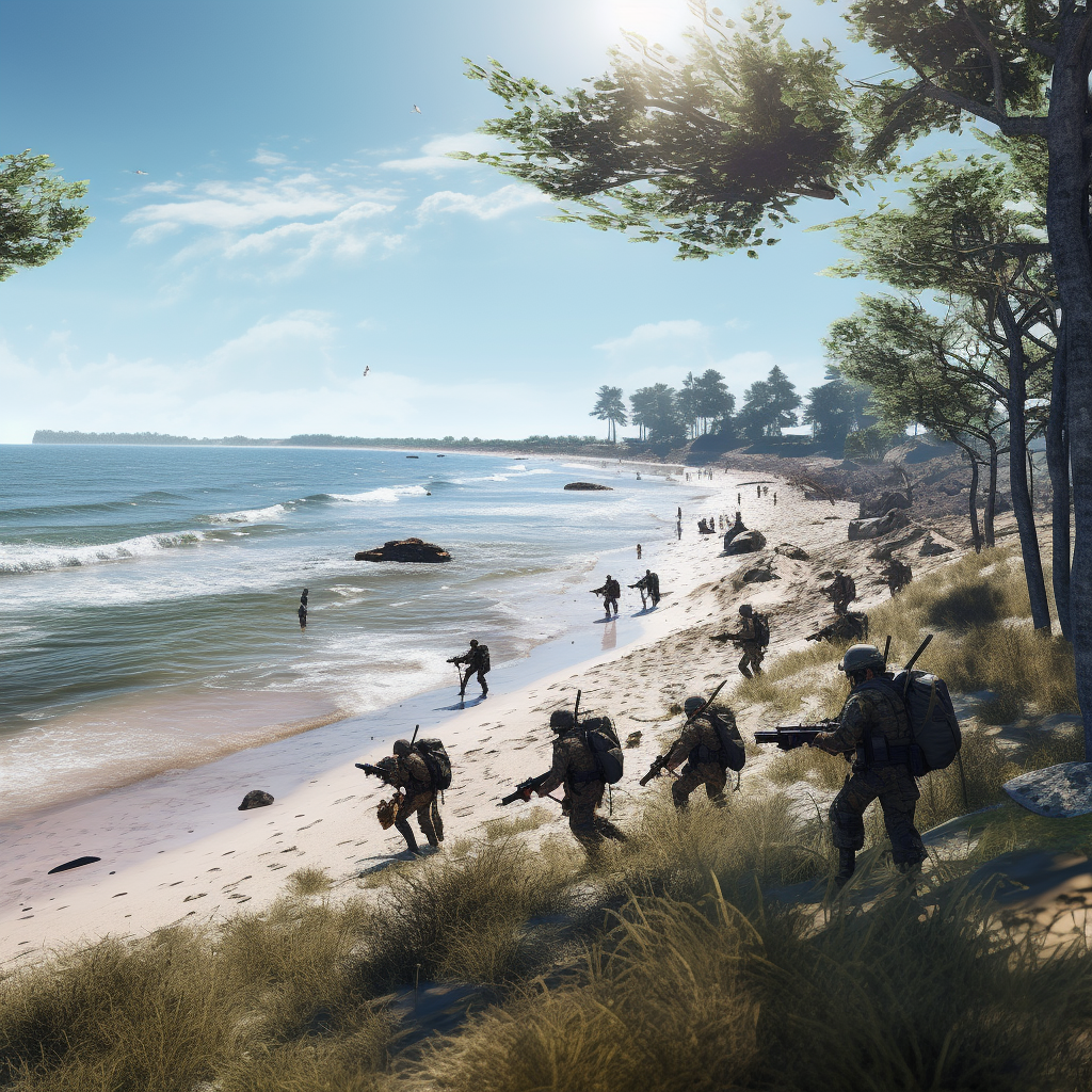 Soldiers battling on a breathtaking French beach