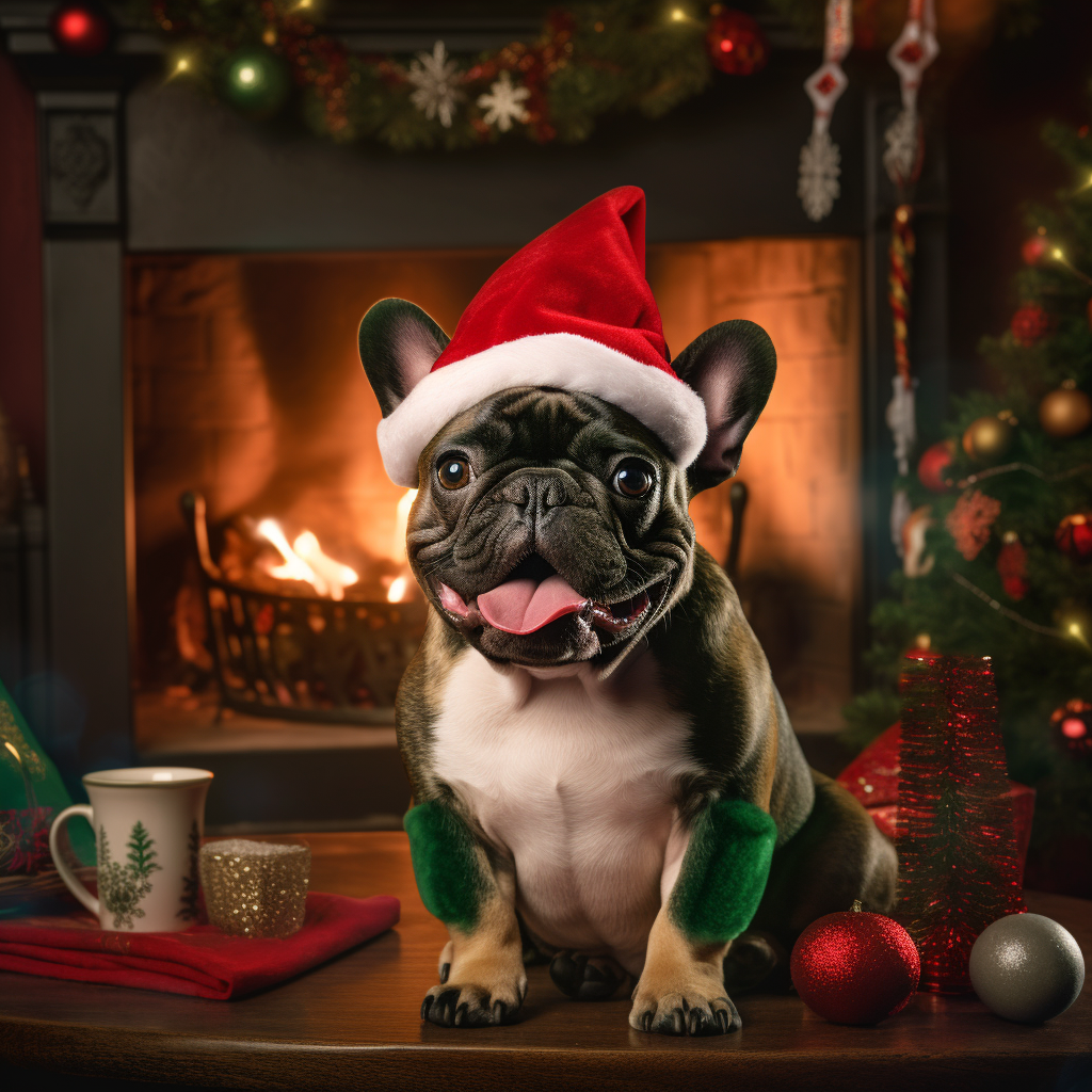 Cute French Bulldog in Santa Hat by the Fire