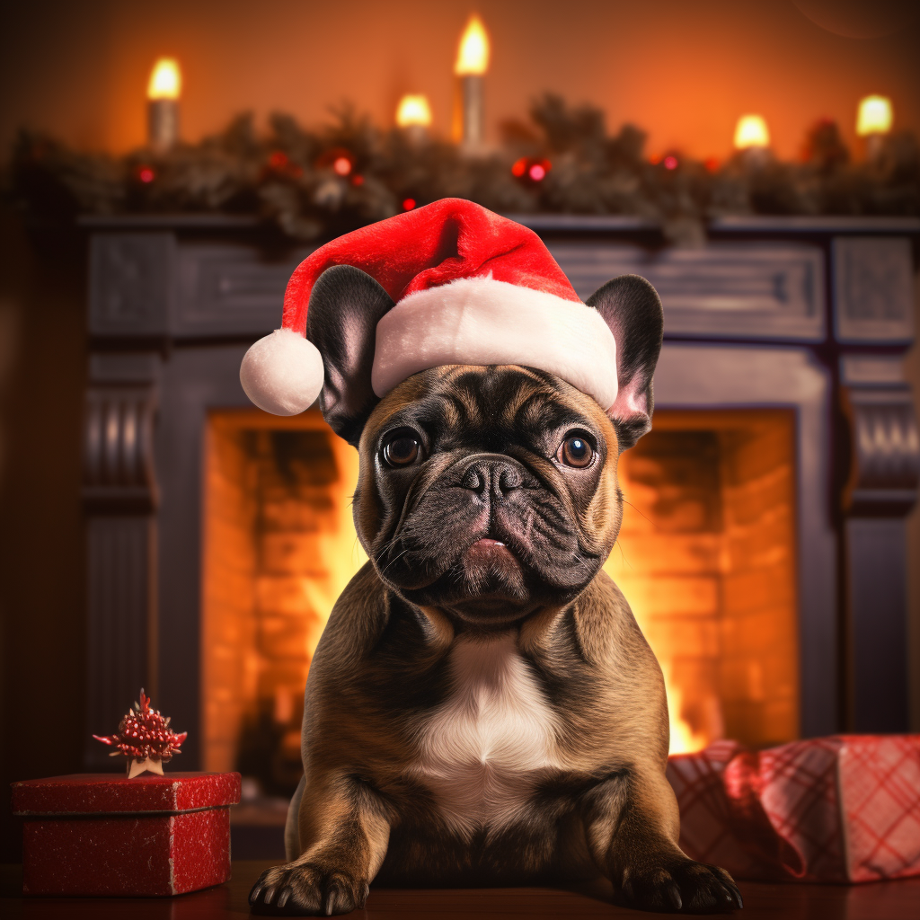 Cute French Bulldog wearing Santa hat by the cozy fire