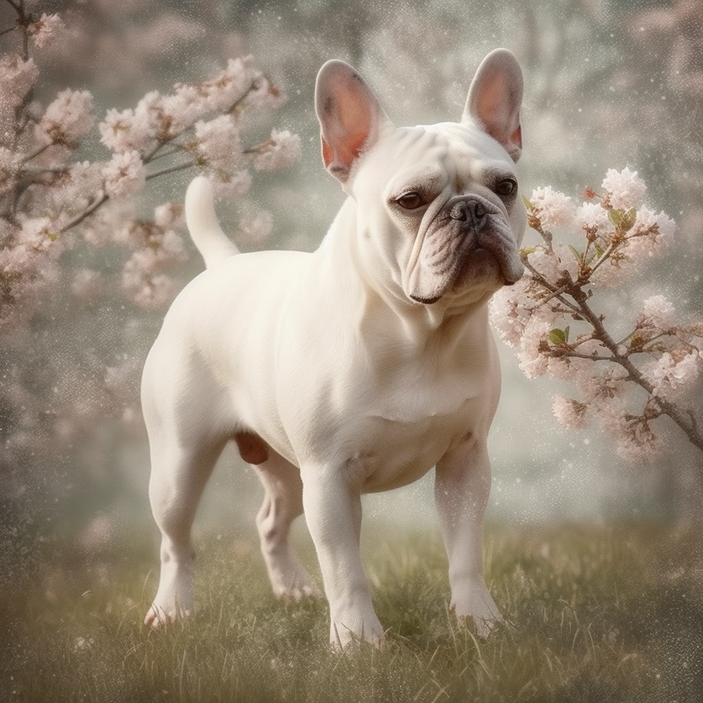 Adorable French Bulldog in a white blossoming tree grove