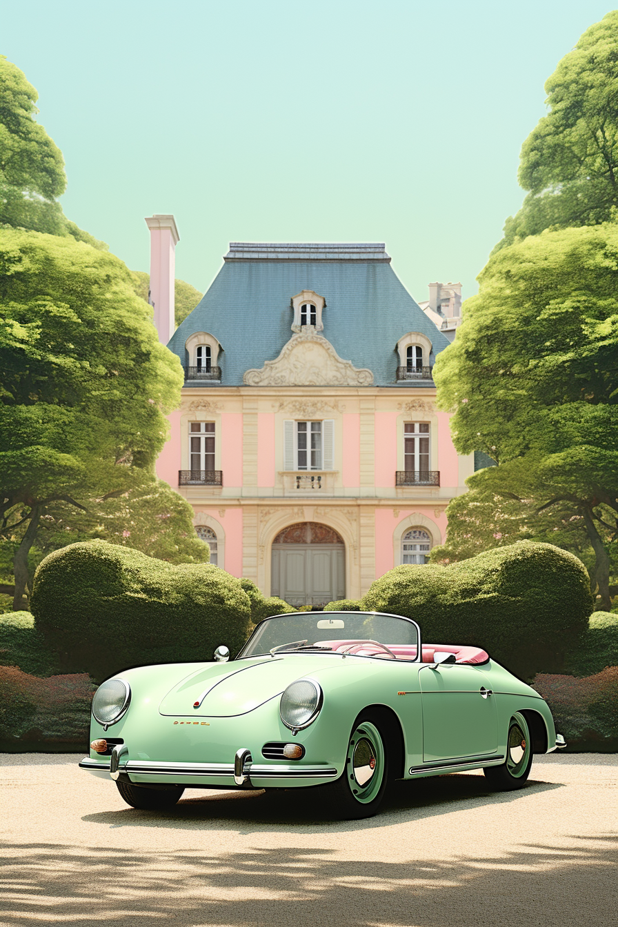 Porsche Speedster parked in French castle garden