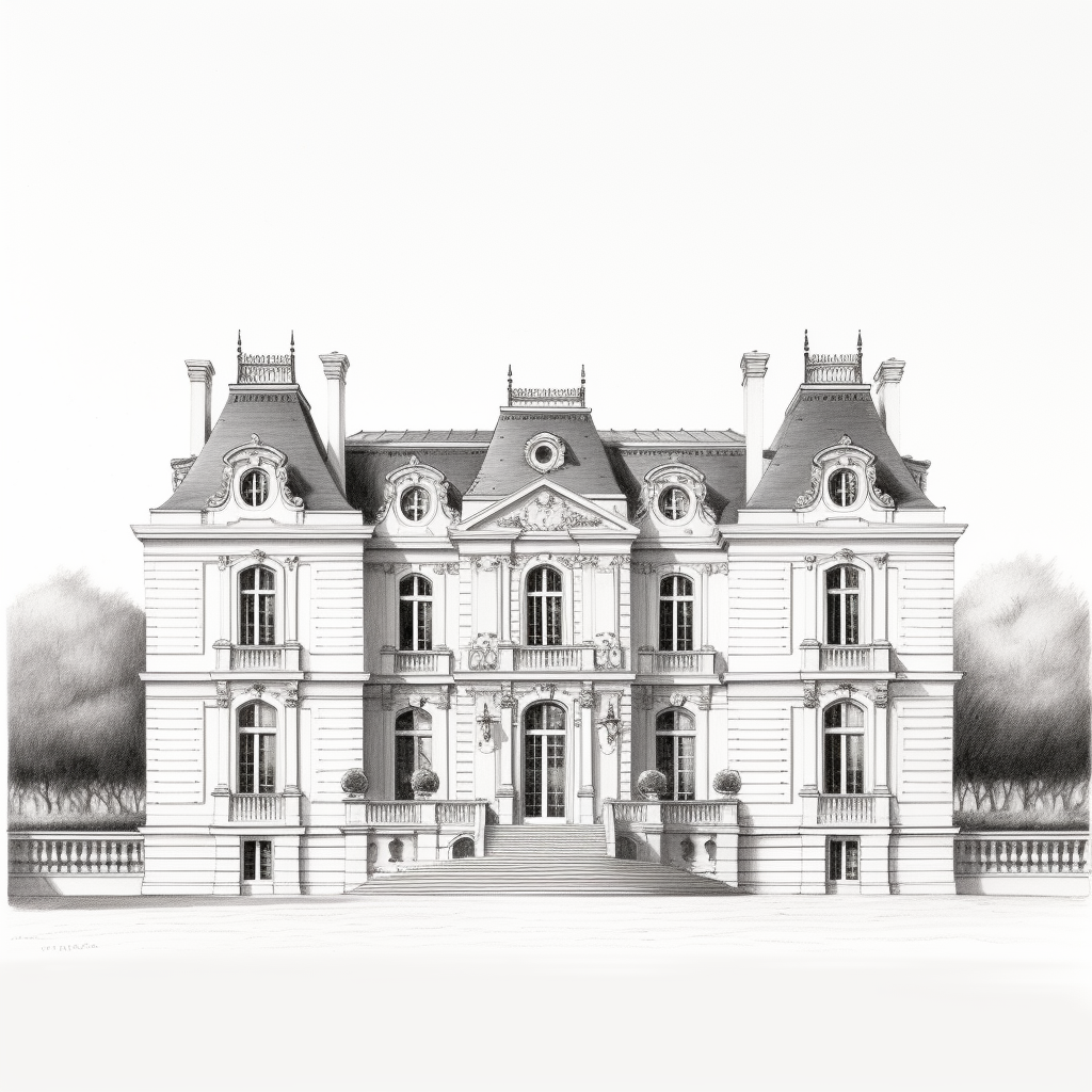 French Chateau Drawing Black White