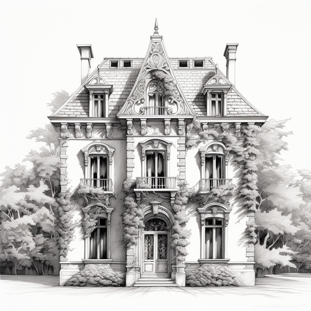 French Chateau with Vines in Black and White